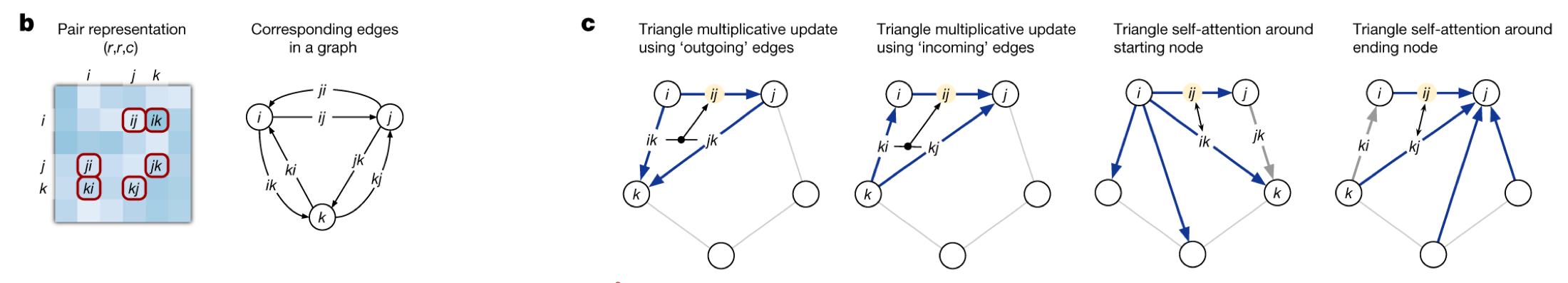 Actual AlphaFold panels b–c: pair-representation entries become edges and triangle update operations.